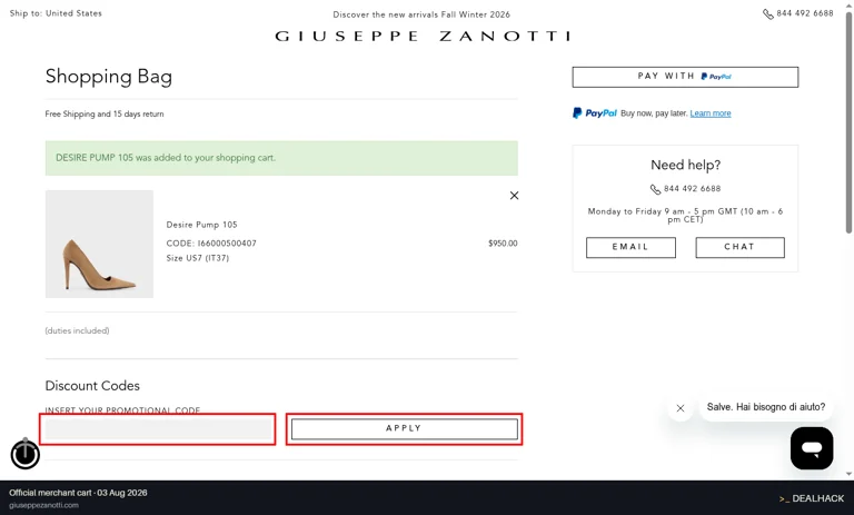 Giuseppe Zanotti checkout page showing the INSERT YOUR PROMOTIONAL CODE field and APPLY button