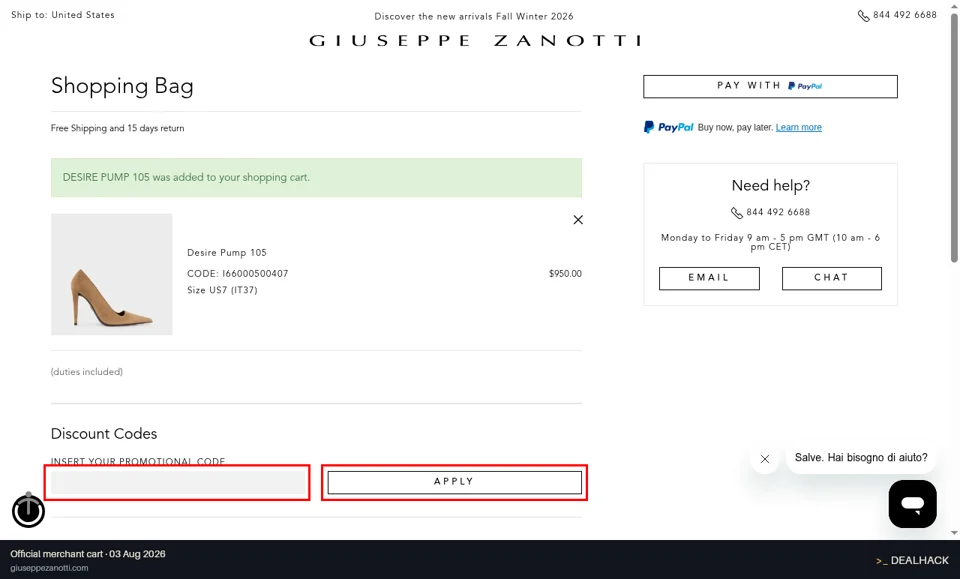 Giuseppe Zanotti checkout page showing the INSERT YOUR PROMOTIONAL CODE field and APPLY button