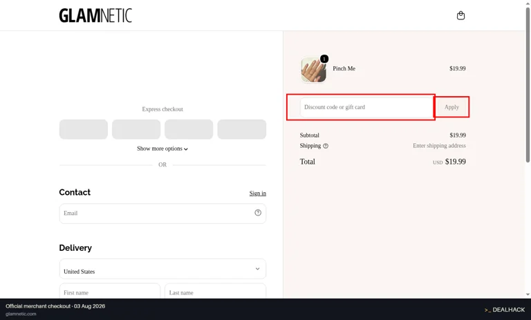 Glamnetic checkout page showing the Discount code or gift card field and Apply button