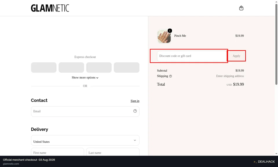 Glamnetic checkout page showing the Discount code or gift card field and Apply button