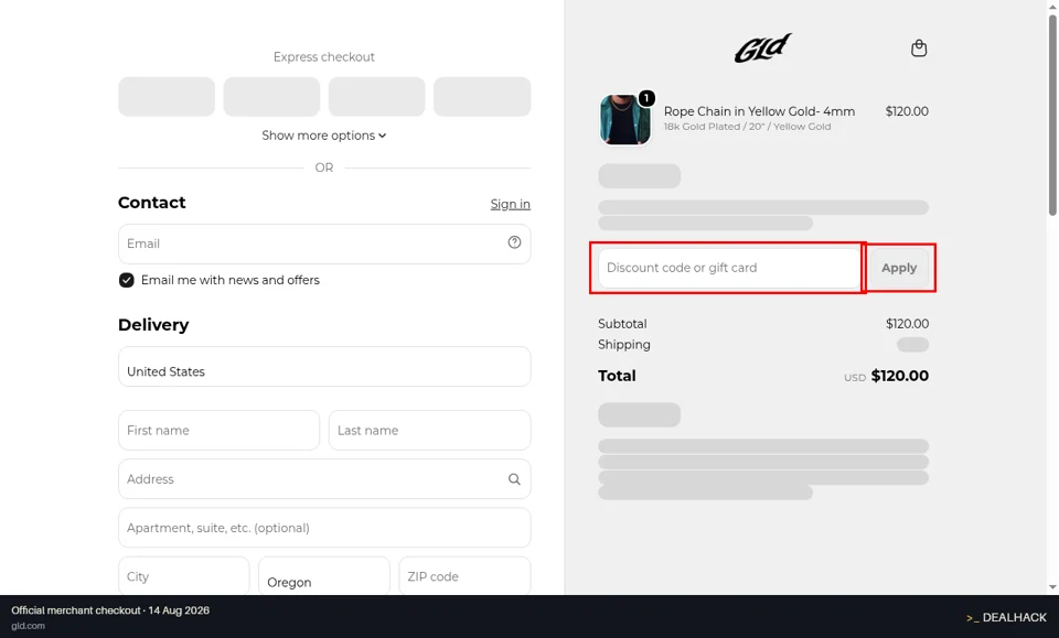 The GLD Shop checkout page showing the Discount code or gift card field and Apply button