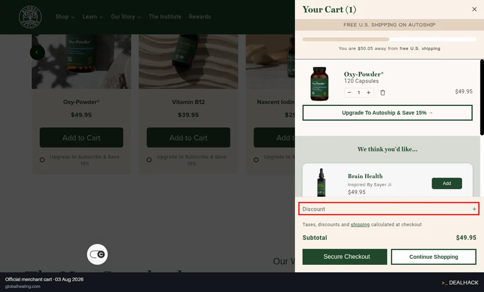 Global Healing checkout page showing the Discount Code field and Apply button