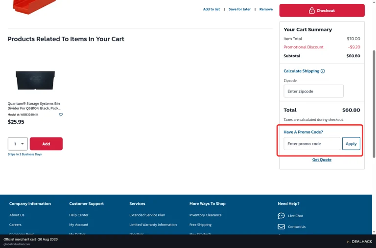 Global Industrial checkout page showing the Enter promo code field and Apply button