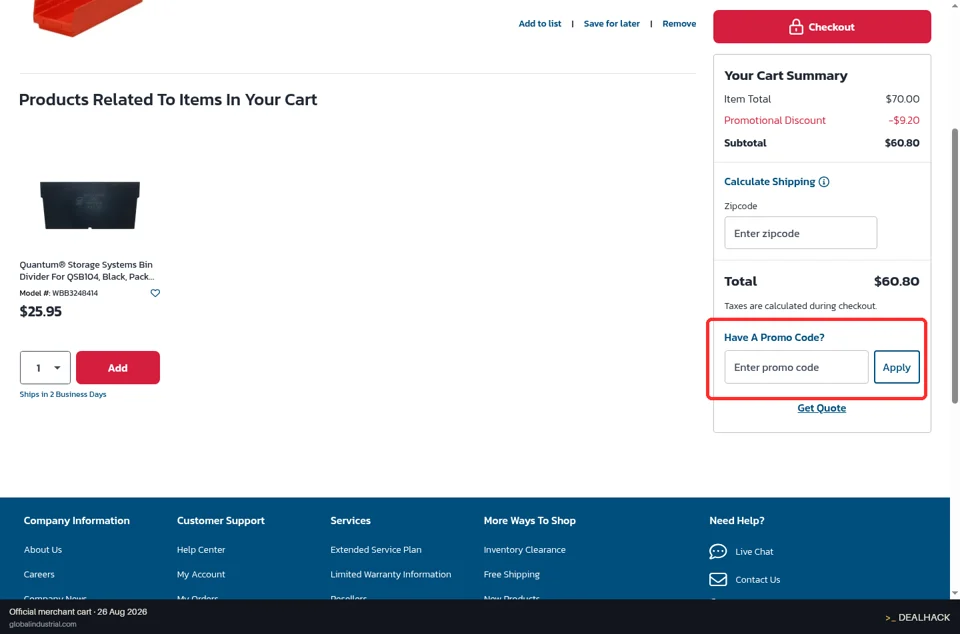 Global Industrial checkout page showing the Enter promo code field and Apply button