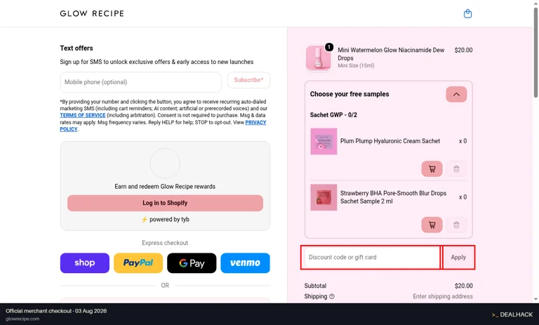 Glow Recipe checkout page showing the Discount code or gift card field and Apply button