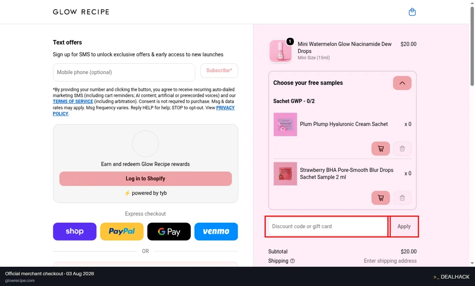 Glow Recipe checkout page showing the Discount code or gift card field and Apply button