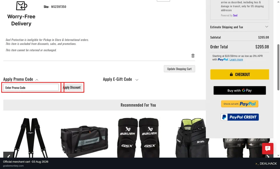 Goalie Monkey checkout page showing the Enter Promo Code field and Apply Discount button