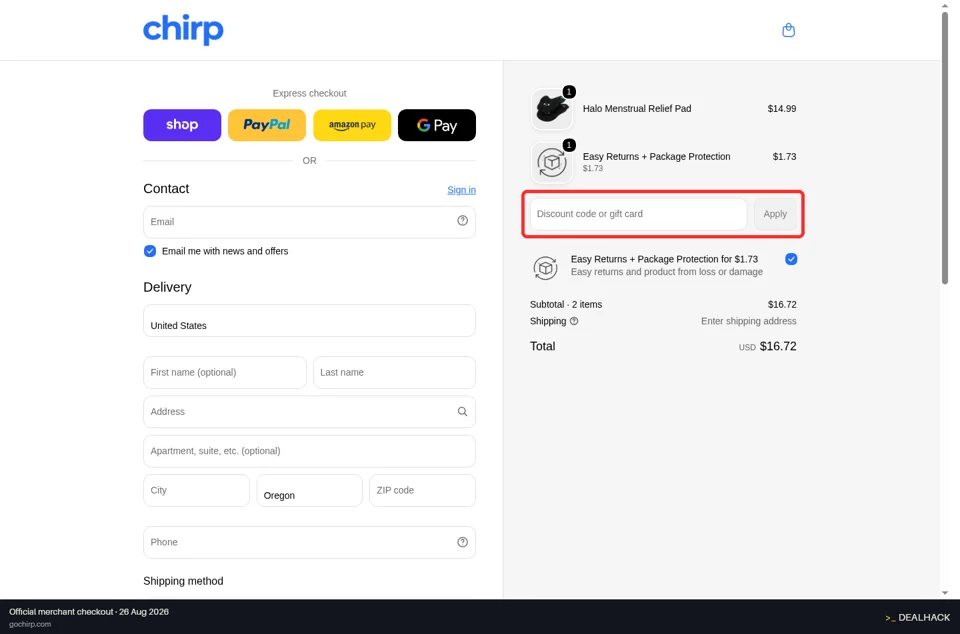 Chirp checkout page showing the Discount code or gift card field and Apply button