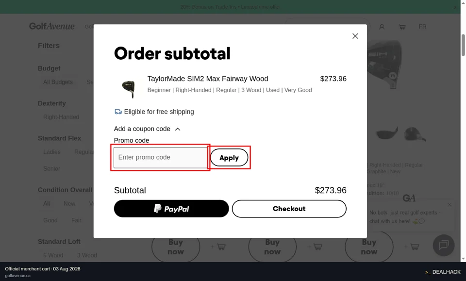 Golf Avenue checkout page showing the Enter promo code field and Apply button