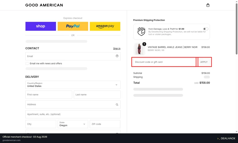 Good American checkout page showing the Discount code or gift card field and Apply button