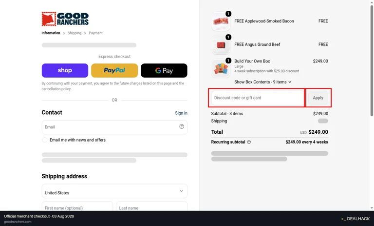 Good Ranchers checkout page showing the Discount code or gift card field and Apply button