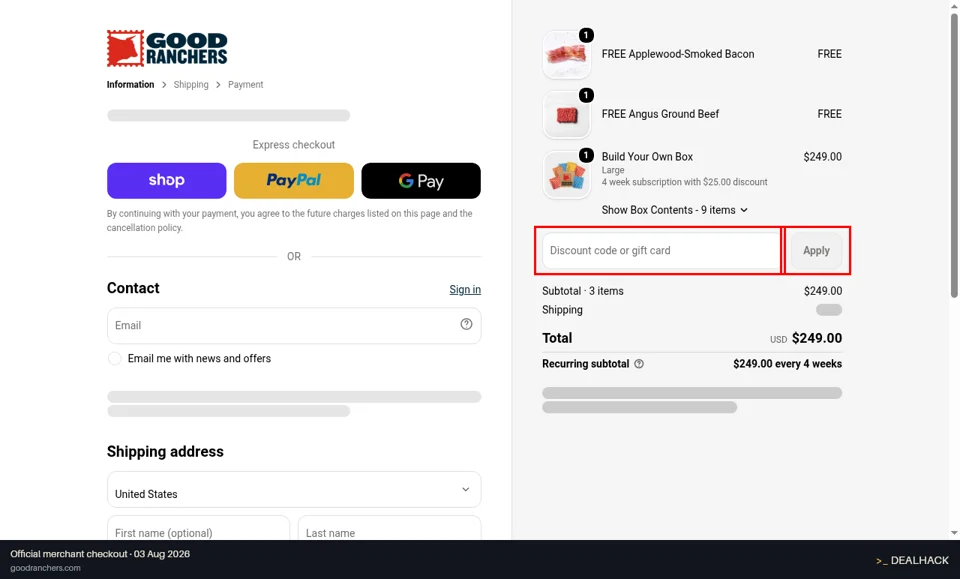 Good Ranchers checkout page showing the Discount code or gift card field and Apply button