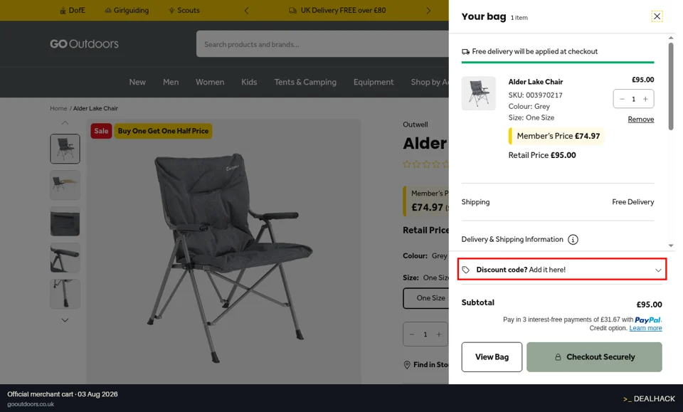 GO Outdoors checkout page showing the Discount field and Apply button