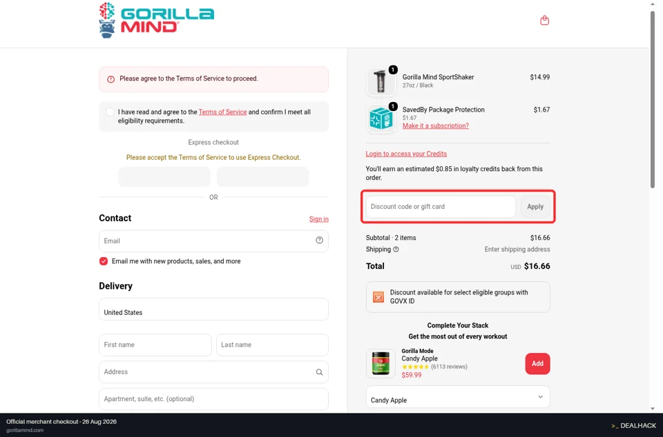 Gorilla Mind checkout page showing the Discount code or gift card field and Apply button