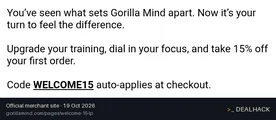 Screenshot of Gorilla Mind's website on Oct 19, 2026 showing the "Save 15% on Your First Gorilla Mind Order" offer