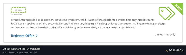 Screenshot of GotPrint's website on Oct 21, 2026 showing the "Save 10% on Letterheads" offer