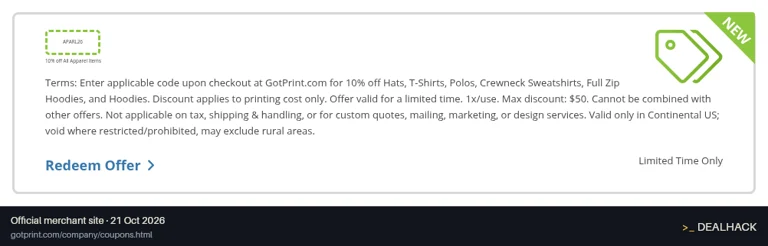 Screenshot of GotPrint's website on Oct 21, 2026 showing the "Save 10% on GotPrint Apparel" offer