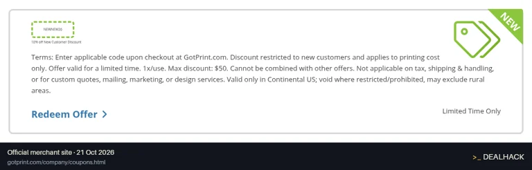 Screenshot of GotPrint's website on Oct 21, 2026 showing the "Get 10% Off Your First GotPrint Order" offer
