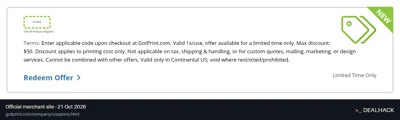Screenshot of GotPrint's website on Oct 21, 2026 showing the "Save 10% on Postcard Magnets" offer
