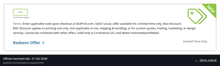 Screenshot of GotPrint's website on Oct 21, 2026 showing the "Save 10% on Postcard Magnets" offer