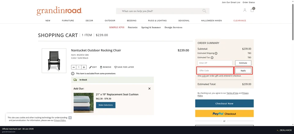 Grandin Road checkout page showing the Offer Code field and Apply button