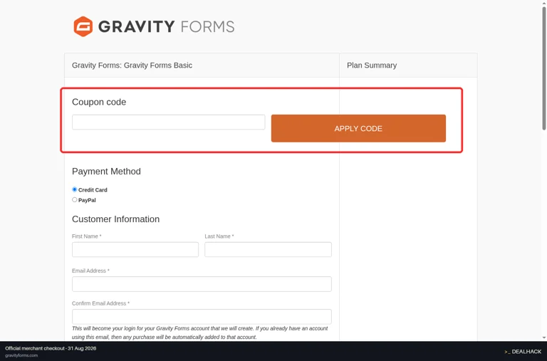 Gravity Forms checkout page showing the Coupon code field and Apply Code button