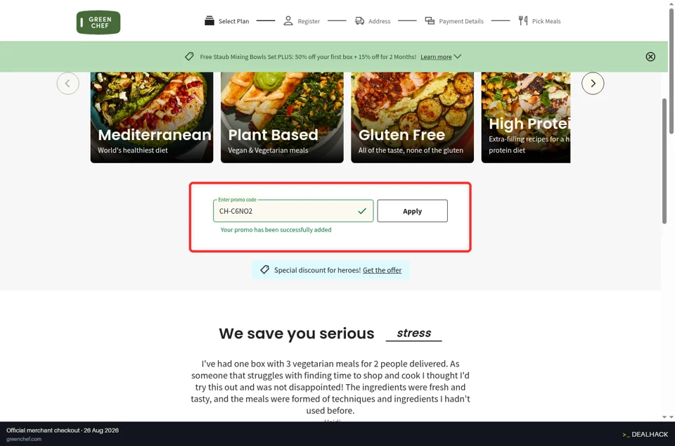 Green Chef checkout page showing the Enter promo code field and Apply button
