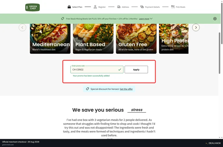 Green Chef checkout page showing the Enter promo code field and Apply button
