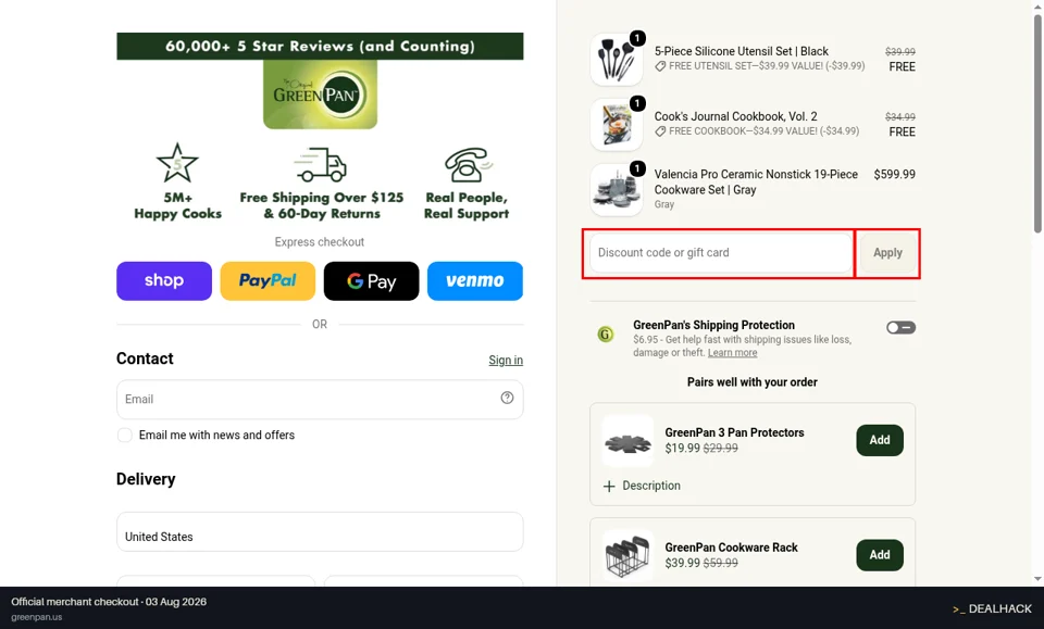 GreenPan checkout page showing the Discount code or gift card field and Apply button