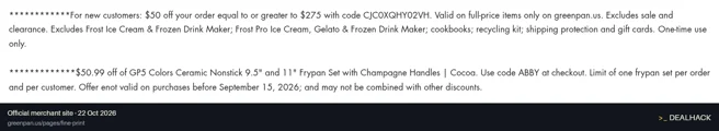 Screenshot of GreenPan's website on Oct 22, 2026 showing the "Save $50.99 on the Select GP5 Colors Frypan Set" offer