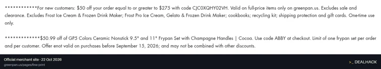 Screenshot of GreenPan's website on Oct 22, 2026 showing the "Save $50.99 on the Select GP5 Colors Frypan Set" offer