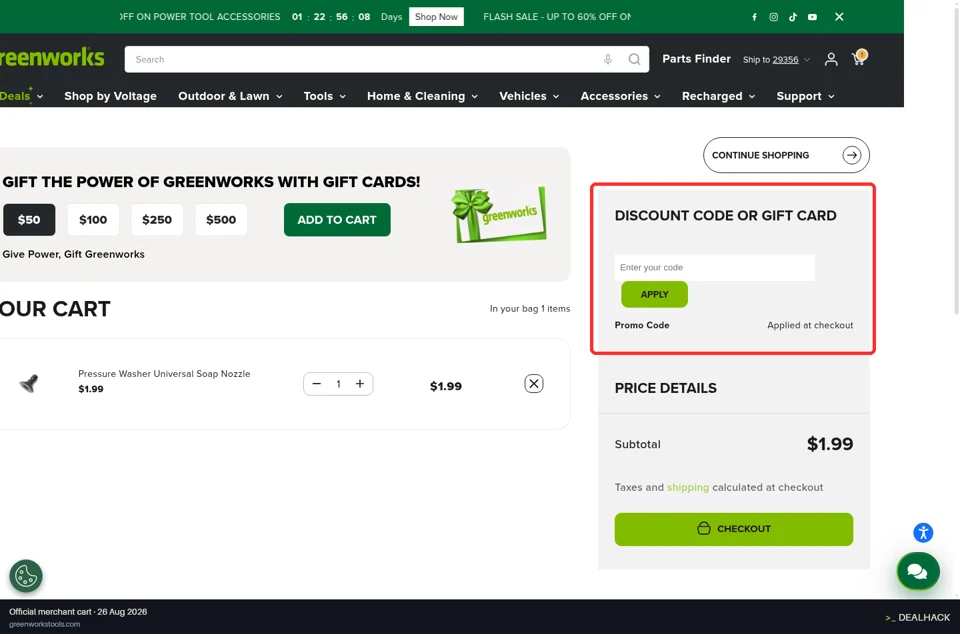 Greenworks checkout page showing the Enter your code field and Apply button