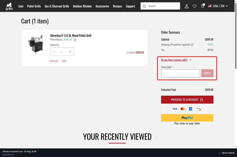 Grilla Grills checkout page showing the Promo Code field and Apply button