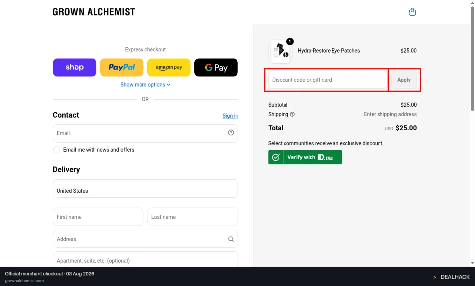 Grown Alchemist checkout page showing the Discount code or gift card field and Apply button