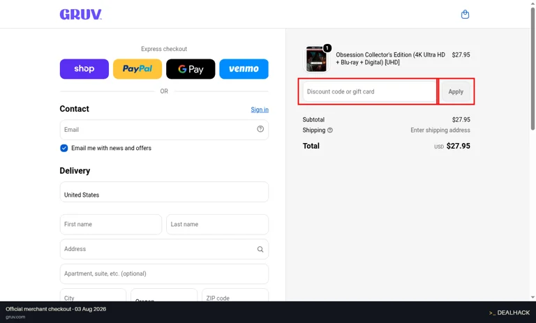 GRUV checkout page showing the Discount code or gift card field and Apply button