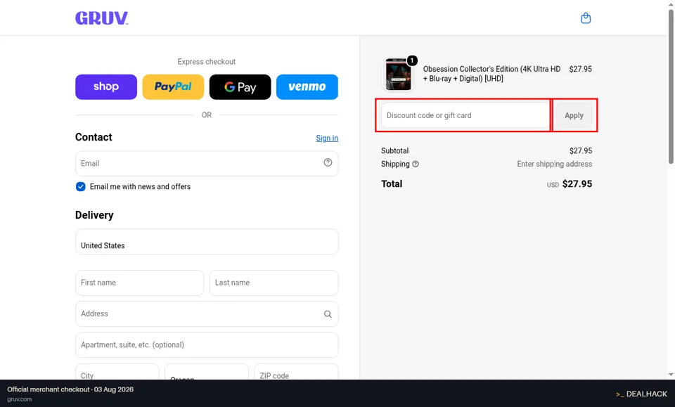 GRUV checkout page showing the Discount code or gift card field and Apply button