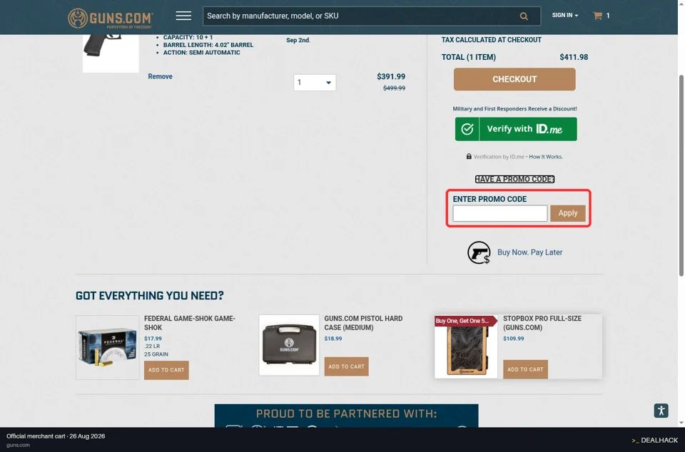 Guns.com checkout page showing the Enter Promo Code field and Apply button