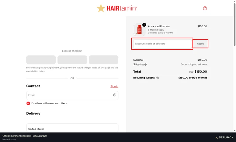 HAIRtamin checkout page showing the Discount code or gift card field and Apply button