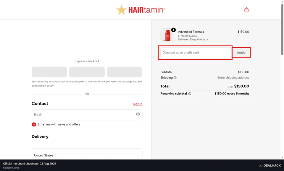 HAIRtamin checkout page showing the Discount code or gift card field and Apply button