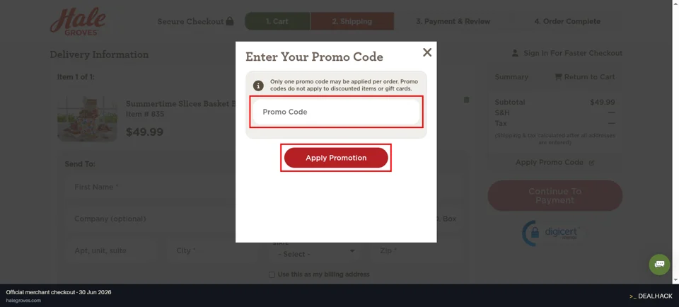 Hale Groves checkout page showing the PROMO CODE field and Apply Promotion button
