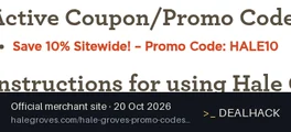 Screenshot of Hale Groves's website on Oct 20, 2026 showing the "Save 10% on Eligible Hale Groves Orders" offer