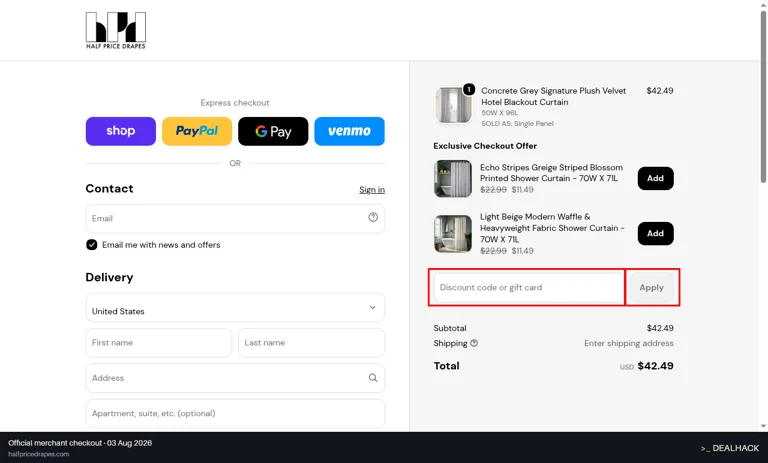 Half Price Drapes checkout page showing the Discount code or gift card field and Apply button