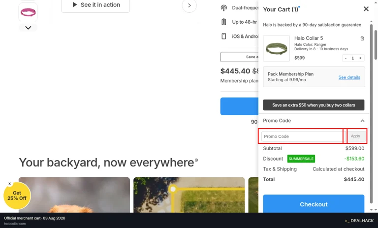 Halo Collar checkout page showing the Promo Code field and Apply button