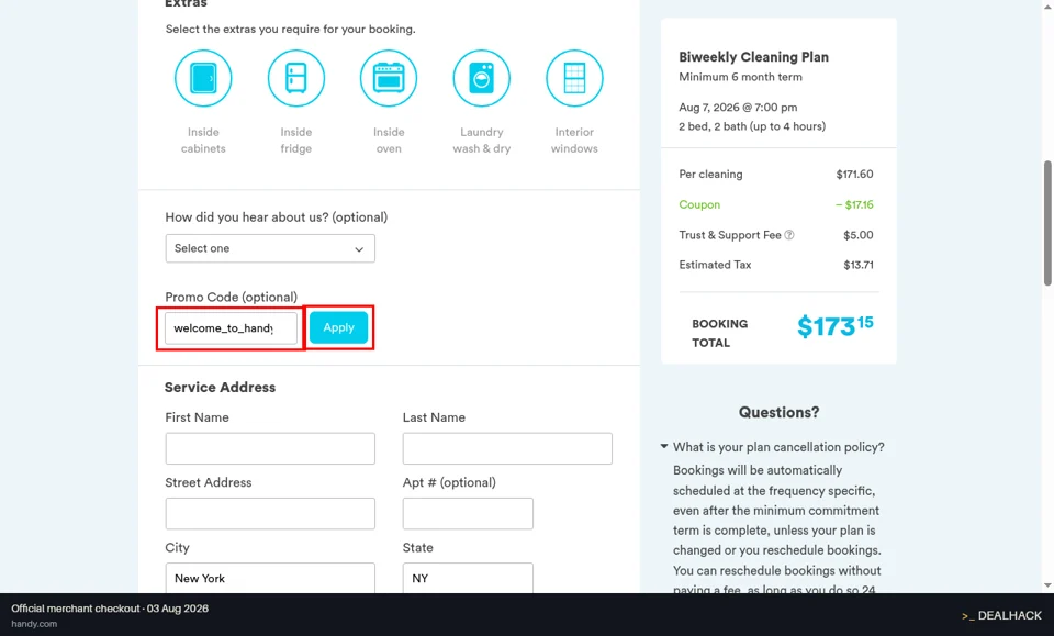 Handy checkout page showing the Promo Code (optional) field and Apply button
