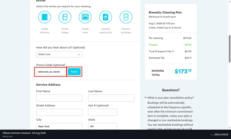 Handy checkout page showing the Promo Code (optional) field and Apply button