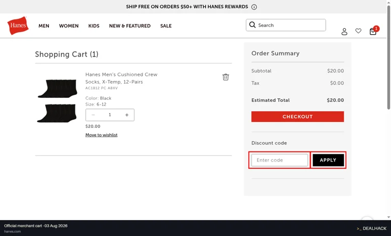Hanes checkout page showing the Enter code field and Apply button