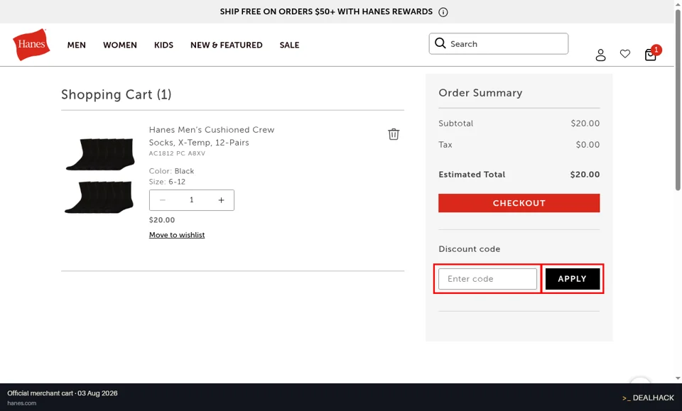 Hanes checkout page showing the Enter code field and Apply button
