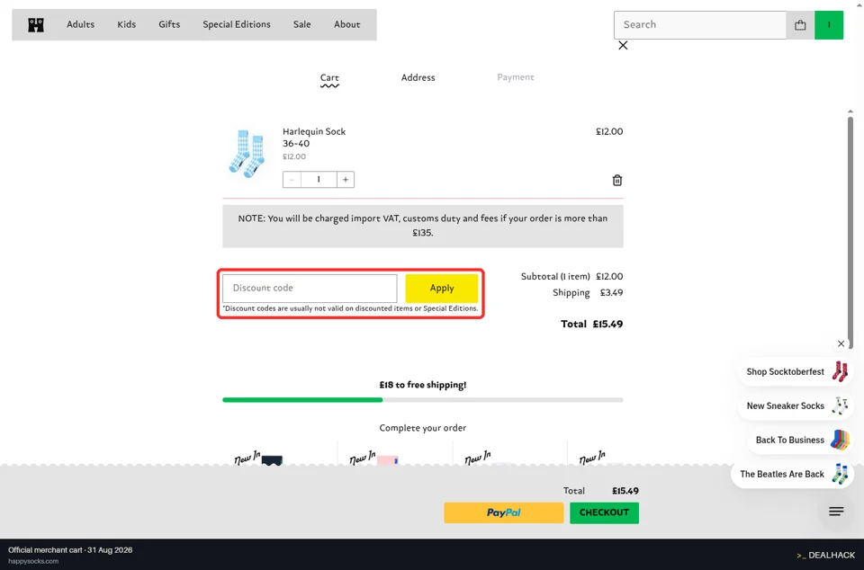 Happy Socks checkout page showing the Discount code field and Apply button