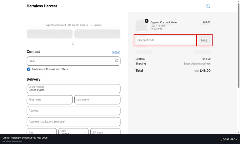 Harmless Harvest checkout page showing the Discount code field and Apply button
