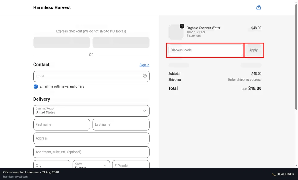 Harmless Harvest checkout page showing the Discount code field and Apply button
